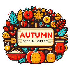 An assortment of autumn-themed flat illustrations, including pumpkins, leaves, mushrooms, and warm beverages, surrounding an "AUTUMN SPECIAL OFFER" sign. Ideal for websites/blogs on fall sales
