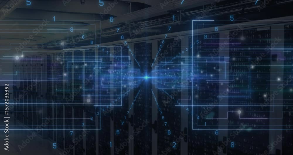 Poster bright blue node appearing, floating digits pulsing network grid lines over racks showing data flow