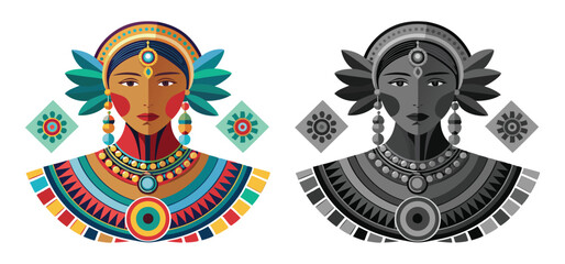 Colorful and monochromatic vector illustrations of an indigenous woman with adornments