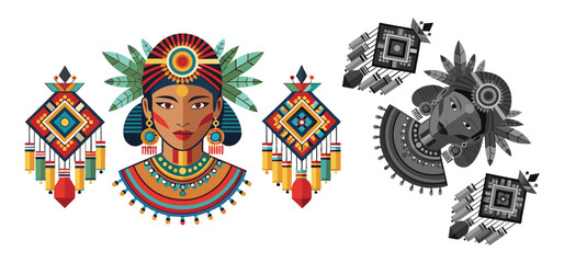 Colorful aztec illustration depicting a woman with headdress and geometric earrings.