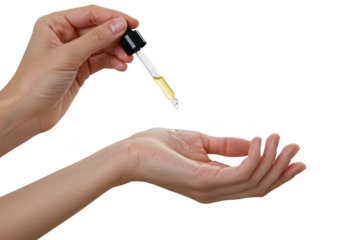 Hand applying serum from dropper to palm isolated on transparent background