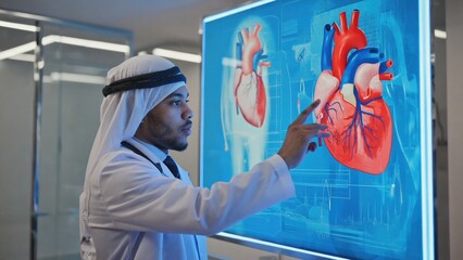 A young Arab man in a white lab coat points at a digital display of human hearts. The background features a modern medical environment with advanced technology.