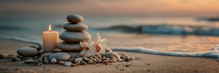 Relaxation retreat concept showing tropical massage spa tools aligned on a creamy pastel beach background with copy space