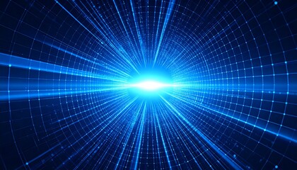 Obraz premium Digital tunnel, bright central light, blue grid