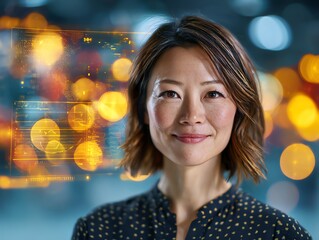 office portrait of Asian woman smiling confidently with glowing holographic startup dashboard projected behind her