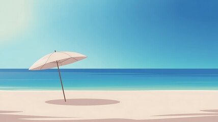 A solitary beach umbrella casting shadows on sand ocean water