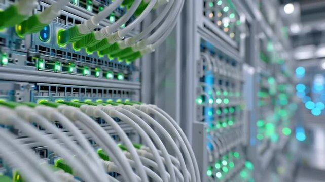 Futuristic animation of IT technician monitoring data flow in a secure server room. Ideal for cybersecurity, cloud technology, and digital infrastructure themes