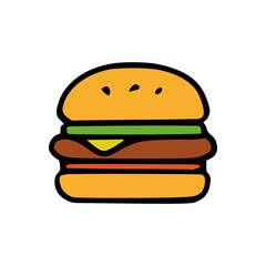 Hand drawn cartoon hamburger with yellow bun, green lettuce, brown patty and melted cheese