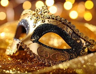 Mysterious Elegance: A close-up shot of an ornate masquerade mask, adorned with intricate gold detailing, sparkles against a blurred backdrop of soft lights, a perfect illustration of luxury, glamour.