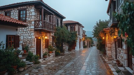 Obraz premium Quaint, stone-built village street at dawn