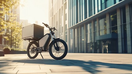 Modern electric delivery bike parked in front of an office building