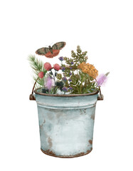 A Beautiful Rustic Flower Bucket Adorned with a Charming Butterfly Decoration to Brighten Spaces