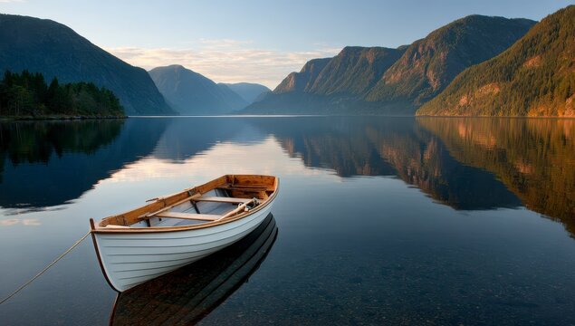 Calm lake, mountains, white boat