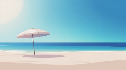 Minimalist beach scene with umbrella and ocean sand