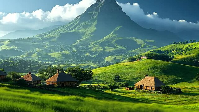 Scenic Landscape of Drakensberg Mountains with Traditional Zulu Huts in South Africa