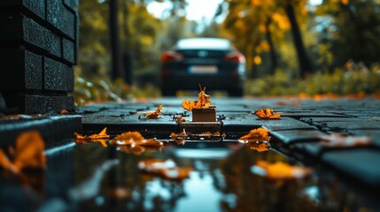 Autumnal scene with a small box on a wet pavement, surrounded by fallen leaves and a blurred car in the background