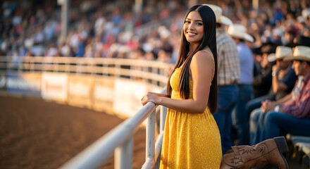 A radiant woman in a yellow dress at a rodeo.