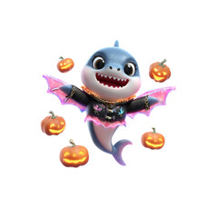 Adorable Baby Shark in Halloween Costume Surrounded by Jack-o'-lanterns