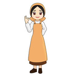 3D illustration of a smiling cartoon Muslim woman in apron and hijab showing OK hand gesture, standing with confident posture.
