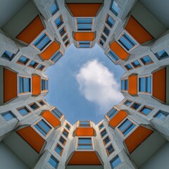 Symmetrical Hexagon of White & Blue Windows with Orange Accents: Sky View from Below