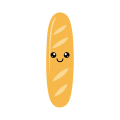 Cute Baguette Character with Smiling Eyes, Cartoon Food Illustration