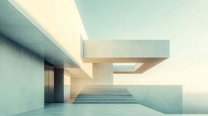 Fototapeta premium Modern minimalist house exterior, serene sunrise view, architectural design, potential use for home design catalog