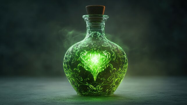Mystical potion bottle with glowing green liquid, studio shot