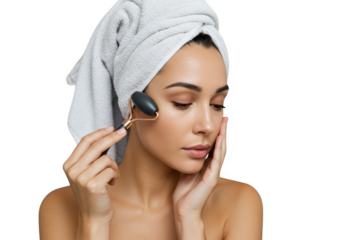 Woman using a facial roller tool for skincare isolated on transparent background