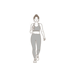 Athletic Woman Walking with Drink, Minimalist Illustration