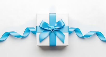 White gift box with blue ribbon present