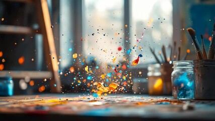 Colorful art paint droplets gracefully cascade in a bright studio filled with array of various art supplies, showcasing the vibrant essence of creativity and inspiring endless streams of imagination