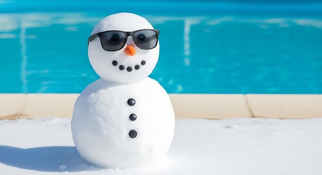 Snowman wearing sunglasses by the pool water blue