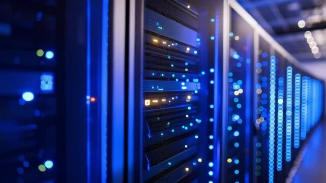 Futuristic animation of IT technician monitoring data flow in a secure server room. Ideal for cybersecurity, cloud technology, and digital infrastructure themes