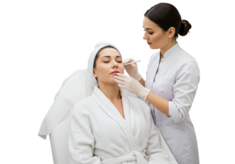Cosmetologist marking a woman s face for cosmetic procedure isolated on transparent background