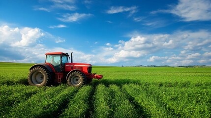 Fototapeta premium Red tractor working a green farm field under a blue summer sky