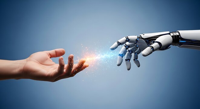 Human and robot hands reaching with light human hand