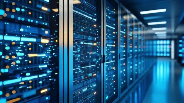 Futuristic animation of IT technician monitoring data flow in a secure server room. Ideal for cybersecurity, cloud technology, and digital infrastructure themes