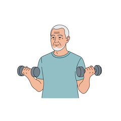 Senior Man Exercising with Dumbbells, Vector Illustration