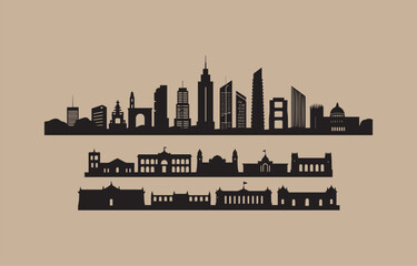 Naklejka premium Collection of silhouetted city skylines featuring modern skyscrapers and historic architecture