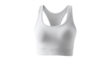 White athletic sports bra has a racerback design and a wide band for support.
