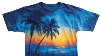 T-shirt presents a scenic view with palm trees and ocean at sunset.
