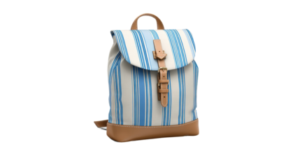 Stripped backpack with flap has adjustable straps and buckle closure on white.