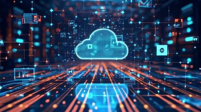 Futuristic animation showing secure cloud data transfer, cybersecurity symbols, and digital network connections&mdash;ideal for tech, IT, and internet safety themes.
