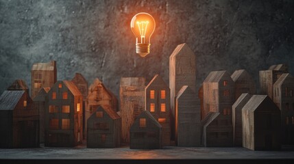 Illuminating Ideas: A Miniature Cityscape Glowing Under a Bright Lightbulb