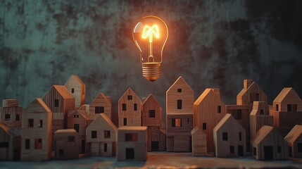 Illuminating Ideas: A Glowing Bulb Over a Miniature Cityscape