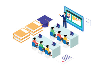 Modern Isometric Smart E-Learning Technology Illustration, Suitable for Diagrams, Infographics, Book Illustration, Game Asset, And Other Graphic Related Assets in isolated white background