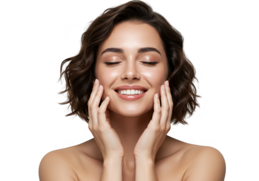 Beautiful woman touching her face with eyes closed isolated on transparent background