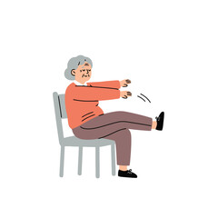 Senior Woman Exercising Leg on Chair - Vector Illustration