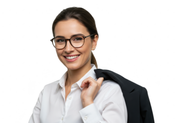 Smiling businesswoman with glasses holding a jacket over her shoulder isolated on transparent background