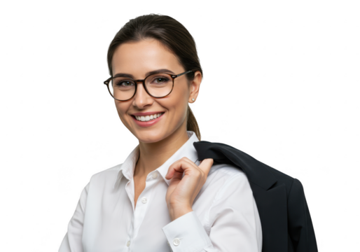 Smiling businesswoman with glasses holding a jacket over her shoulder isolated on transparent background - Powered by Adobe